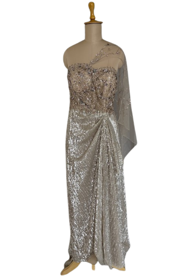 Dolly J Champagne Embellished Drape Gown