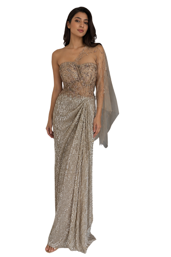 Dolly J Champagne Embellished Drape Gown
