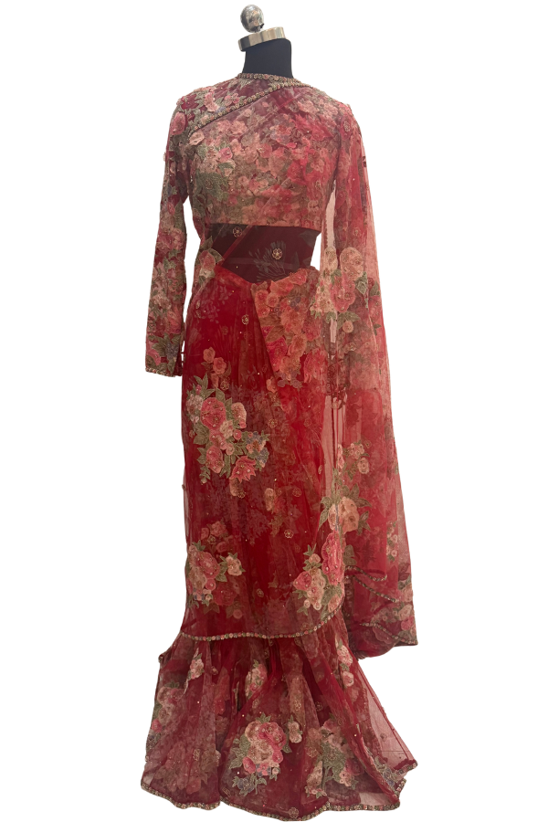 Sabyasachi Red Floral Embroidered Saree Set