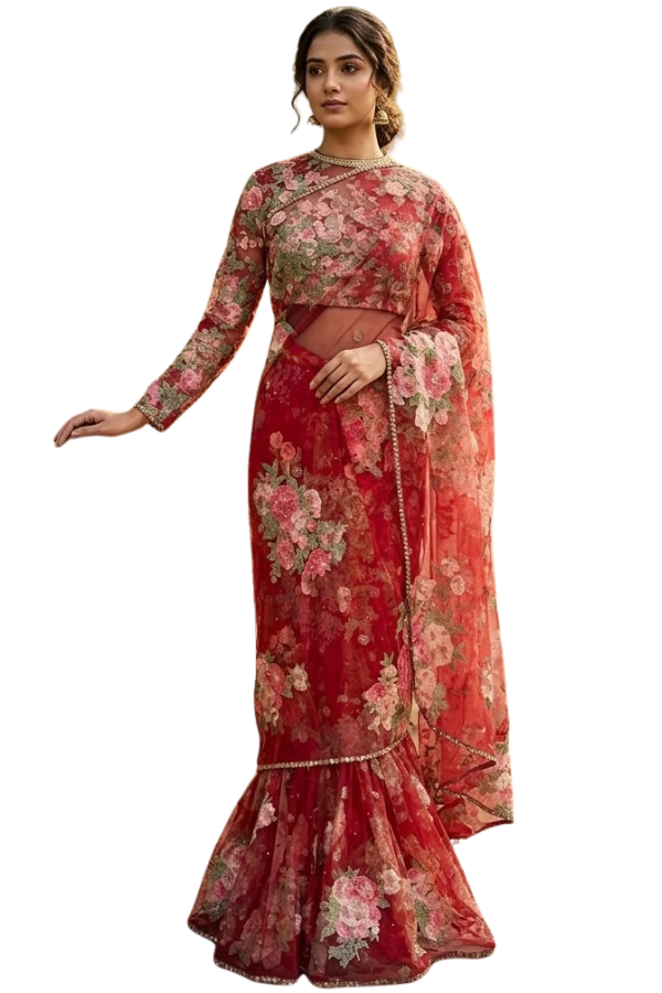 Sabyasachi Red Floral Embroidered Saree Set
