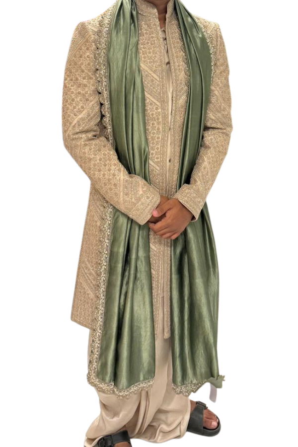 Jayanti Reddy Ivory Embroidered Sherwani Set with Dhoti & Stole