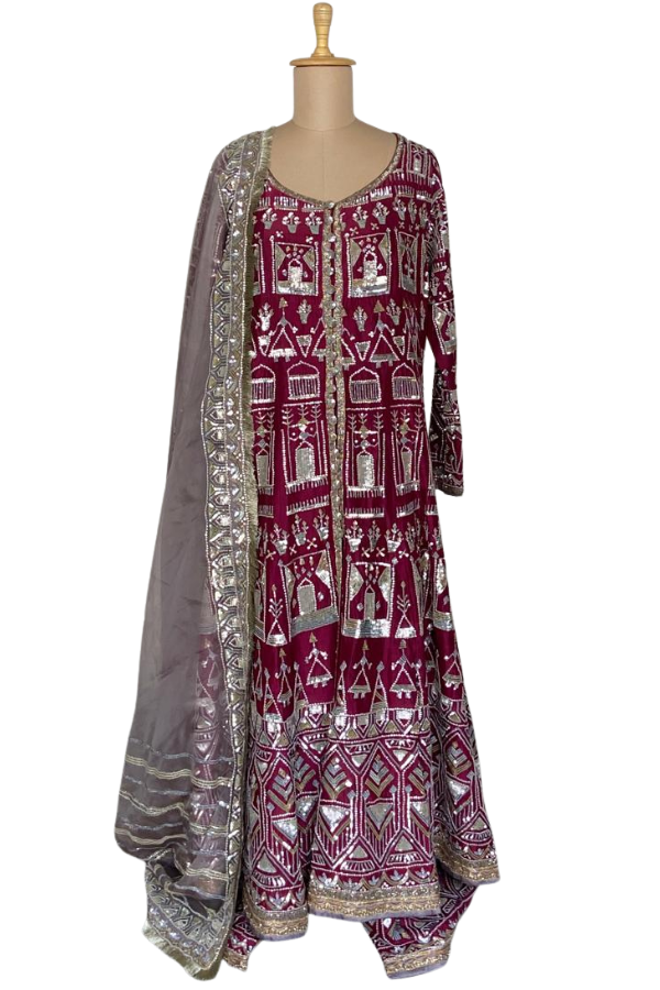 Manish Malhotra Wine Embroidered Jacket Set