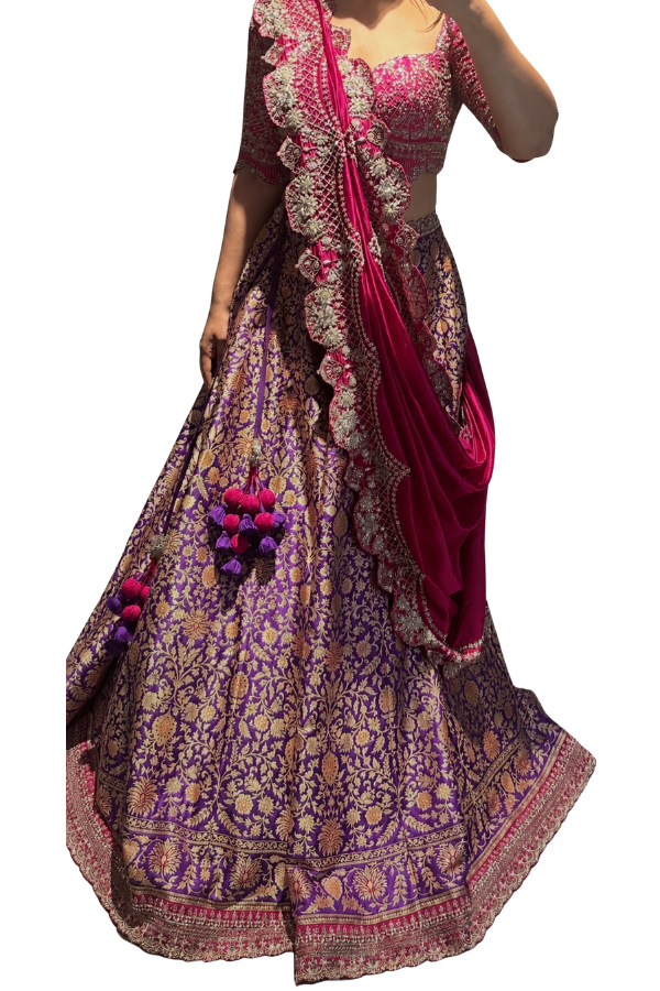Purple Banarasi Embroidered Lehenga Set