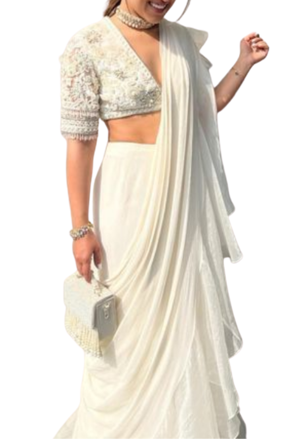 Ridhi mehra ivory pre draped saree