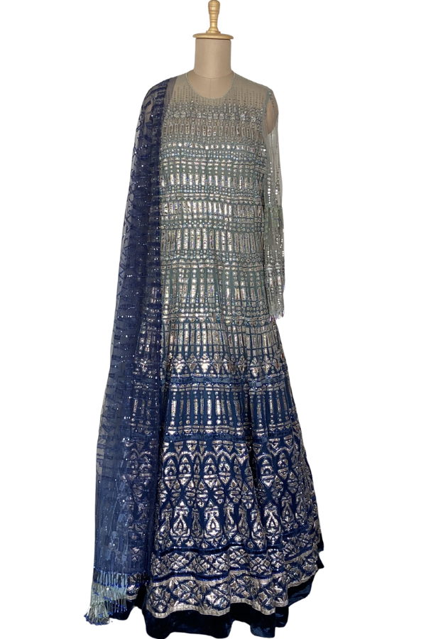 Tarun Tahiliani Midnight Blue Embellished Anarkali Gown with Dupatta