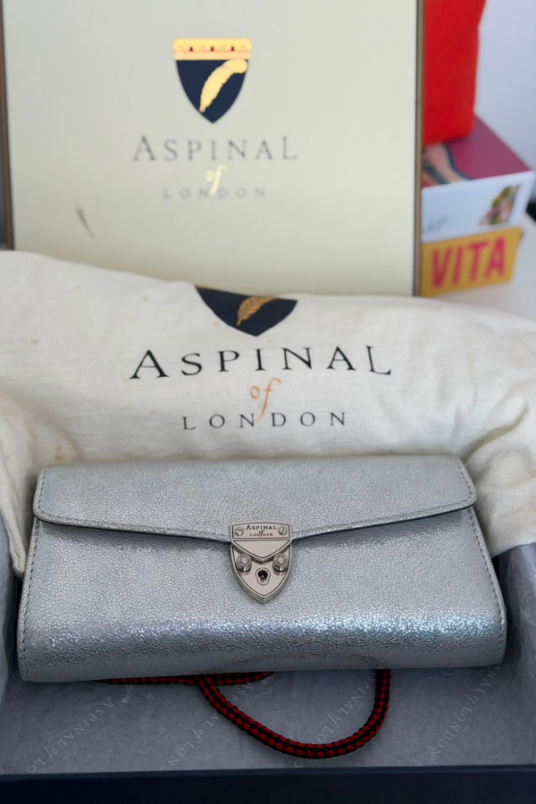 Aspinal Of London Mayfair Silver Textured Leather Chain Clutch