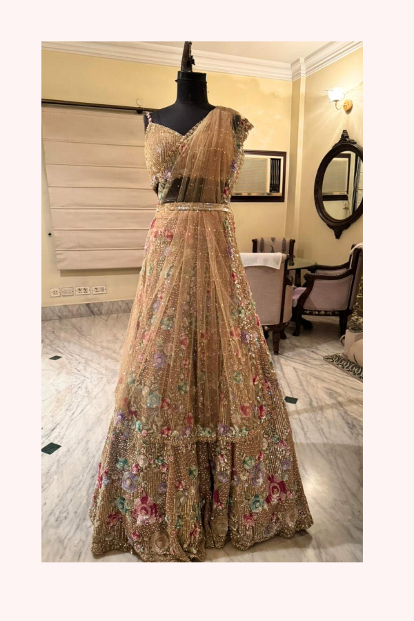 Seema Gujral Gold Floral Embroidered Lehenga Set
