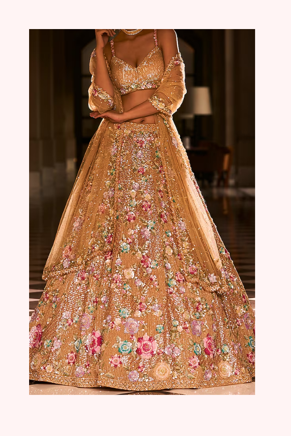 Seema Gujral Gold Floral Embroidered Lehenga Set