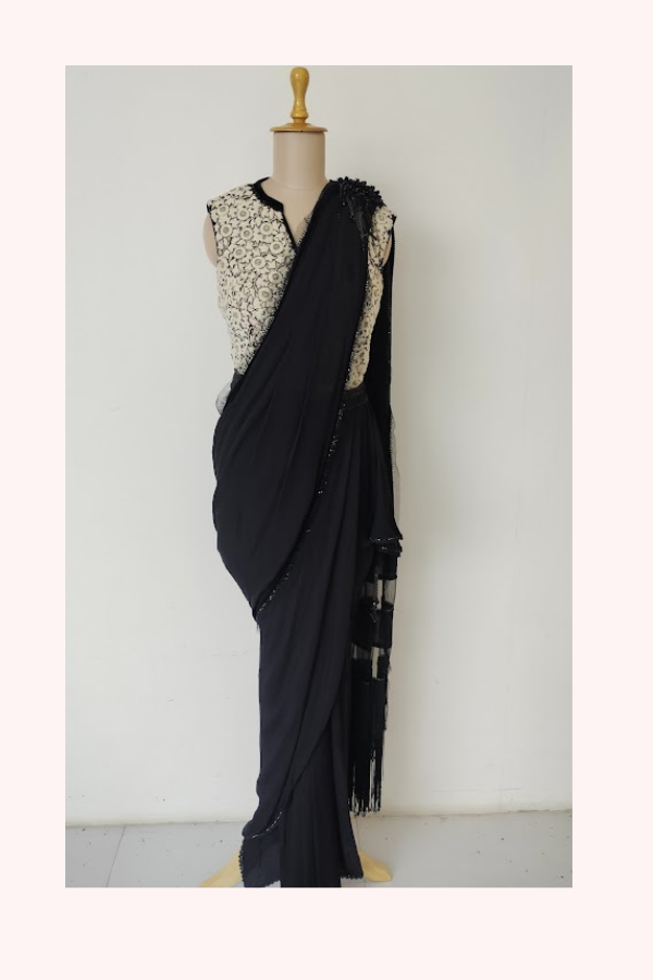Tarun Tahiliani Black Draped Saree Set