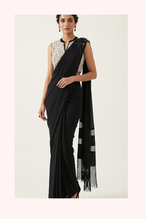Tarun Tahiliani Black Draped Saree Set