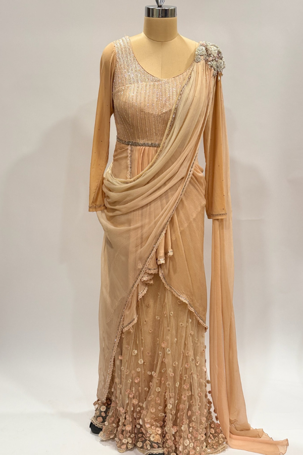 Tarun Tahiliani Peach Embellished Draped Gown