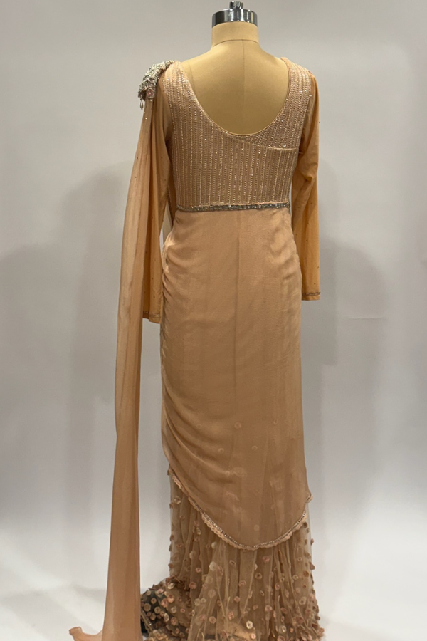 Tarun Tahiliani Peach Embellished Draped Gown