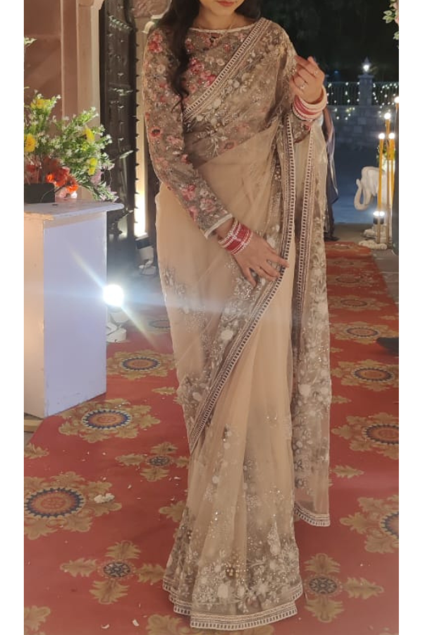 Varun Bahl Signature Beige Floral Embroidered Saree