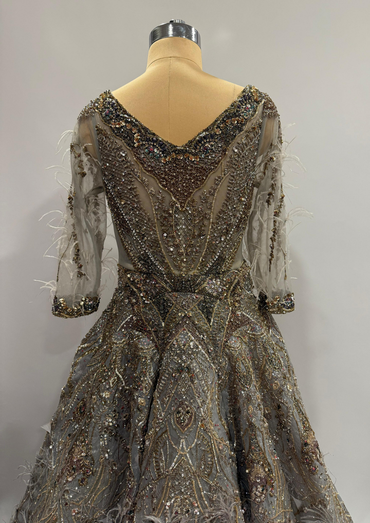 Dolly J Embellished Grey Feather Gown