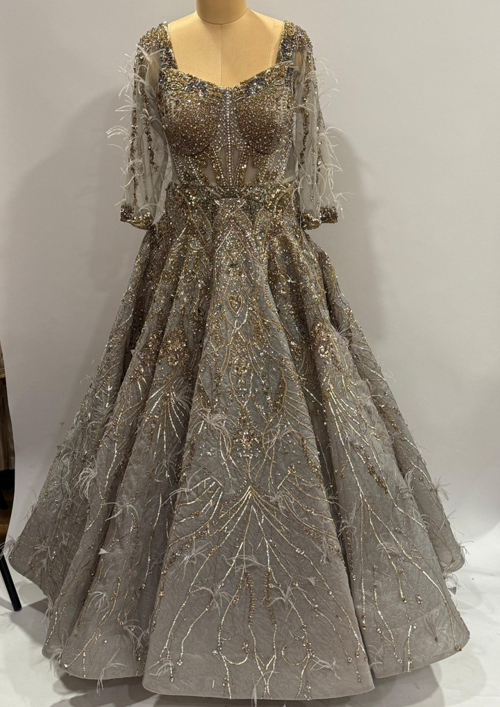 Dolly J Embellished Grey Feather Gown