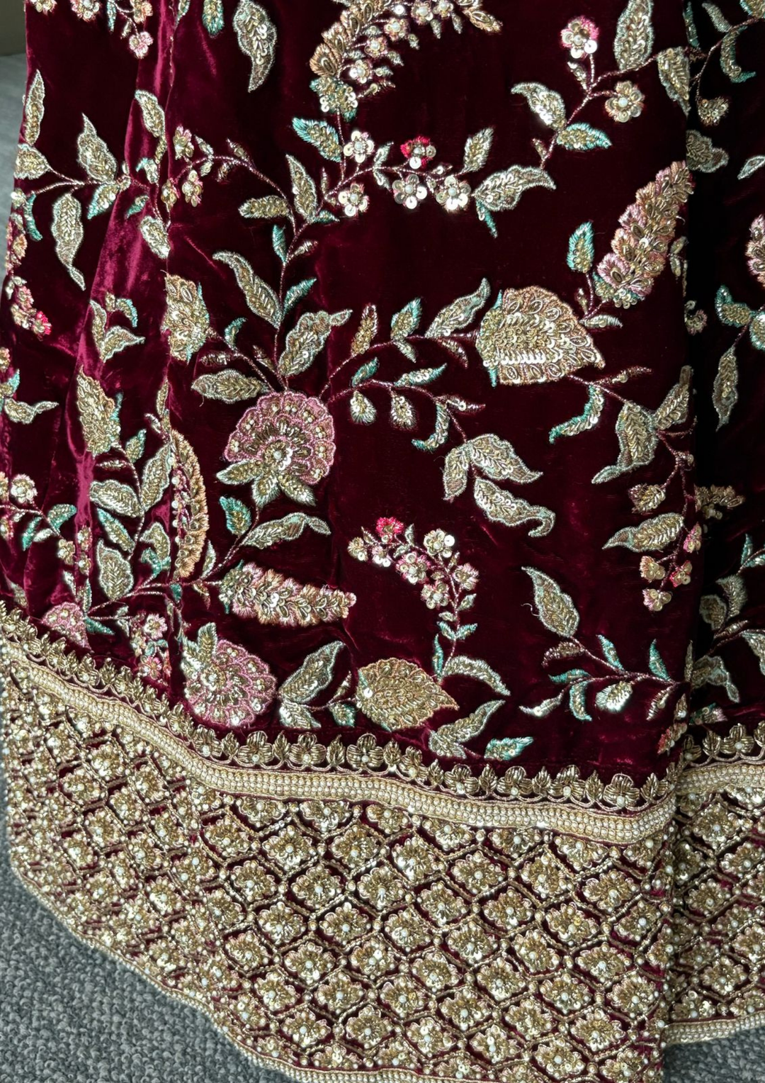 Sabyasachi Maroon Velvet Lehenga Set