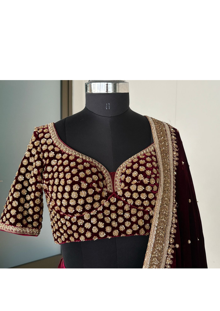 Sabyasachi Maroon Velvet Lehenga Set