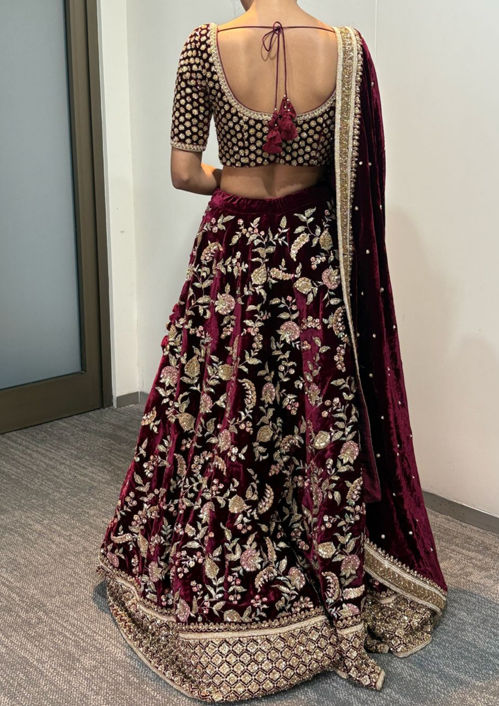 Sabyasachi Maroon Velvet Lehenga Set