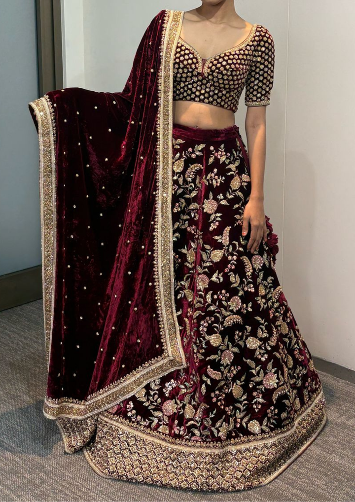 Sabyasachi Maroon Velvet Lehenga Set