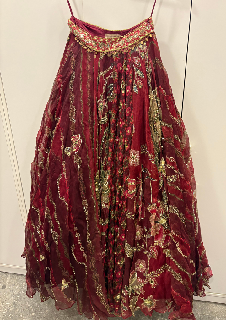 Mahima Mahajan Embroidered Wine Red Lehenga Set