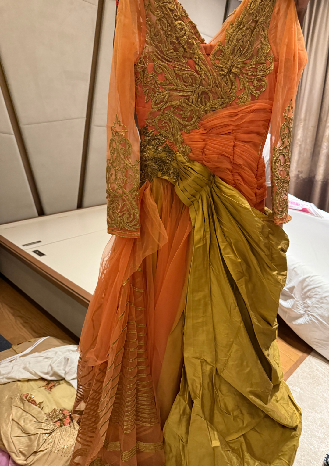 Shantanu & Nikhil Peach & Gold Draped Gown