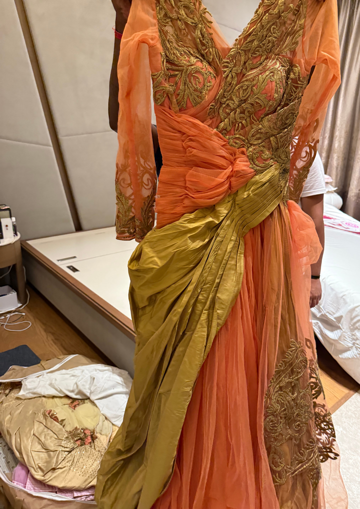 Shantanu & Nikhil Peach & Gold Draped Gown
