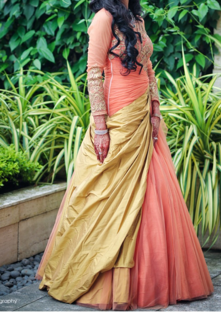 Shantanu & Nikhil Peach & Gold Draped Gown
