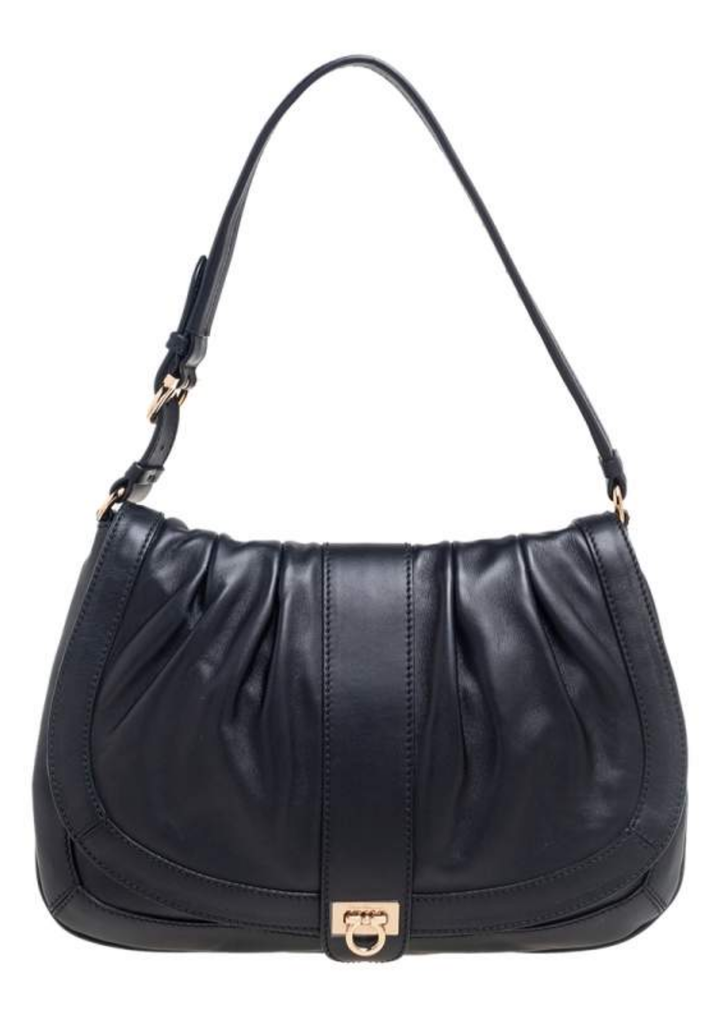 Salvatore Ferragamo Black Leather Pleated Flap Shoulder Bag