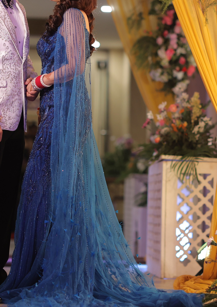 Dolly J Cobalt Blue Tulle Net Crystal Embroidered Gown