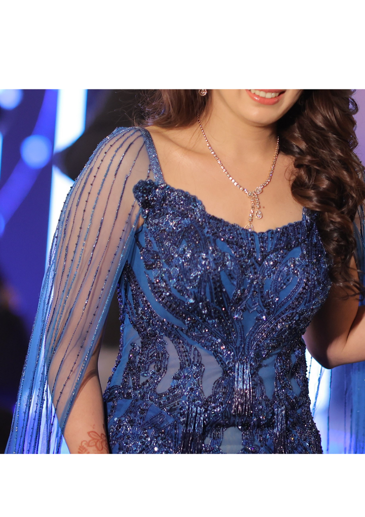 Dolly J Cobalt Blue Tulle Net Crystal Embroidered Gown