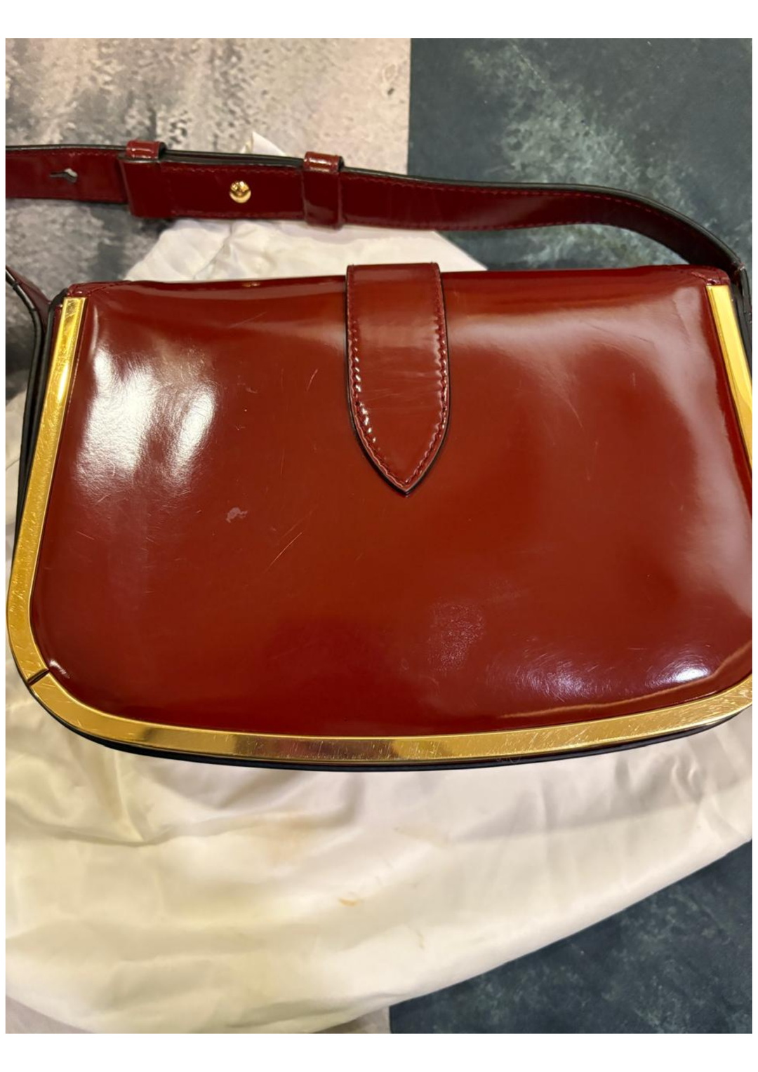 Salvatore Ferragamo Burgundy Patent Leather Gancini Flap Shoulder Bag