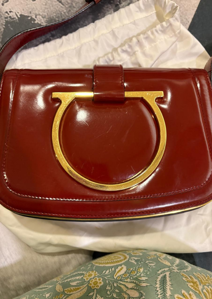 Salvatore Ferragamo Burgundy Patent Leather Gancini Flap Shoulder Bag