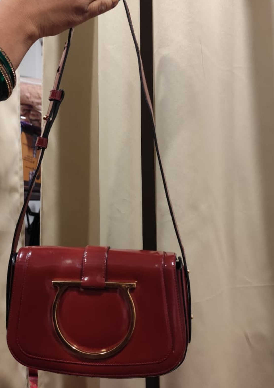 Salvatore Ferragamo Burgundy Patent Leather Gancini Flap Shoulder Bag