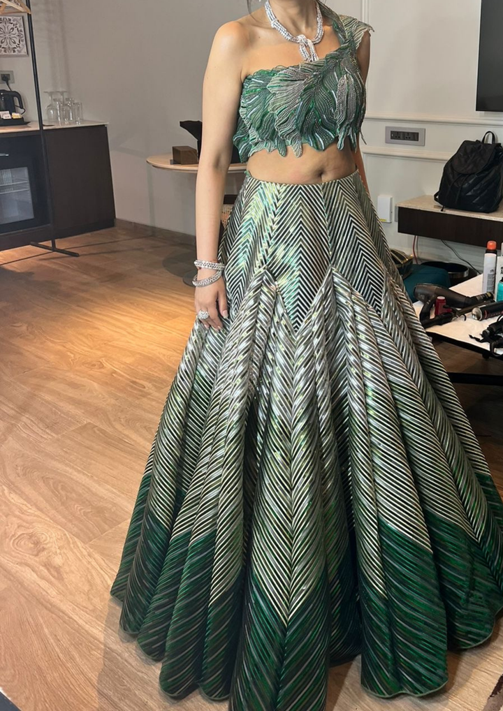 Amit Aggarwal Emerald Green & Pista Green Layered Lehenga Set
