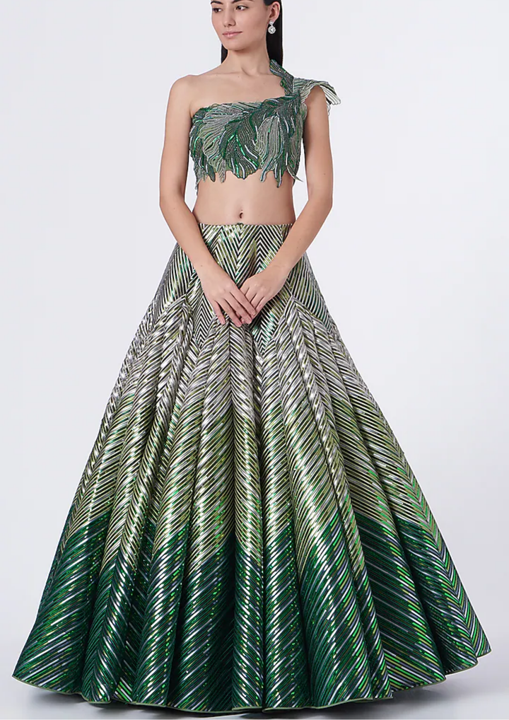 Amit Aggarwal Emerald Green & Pista Green Layered Lehenga Set