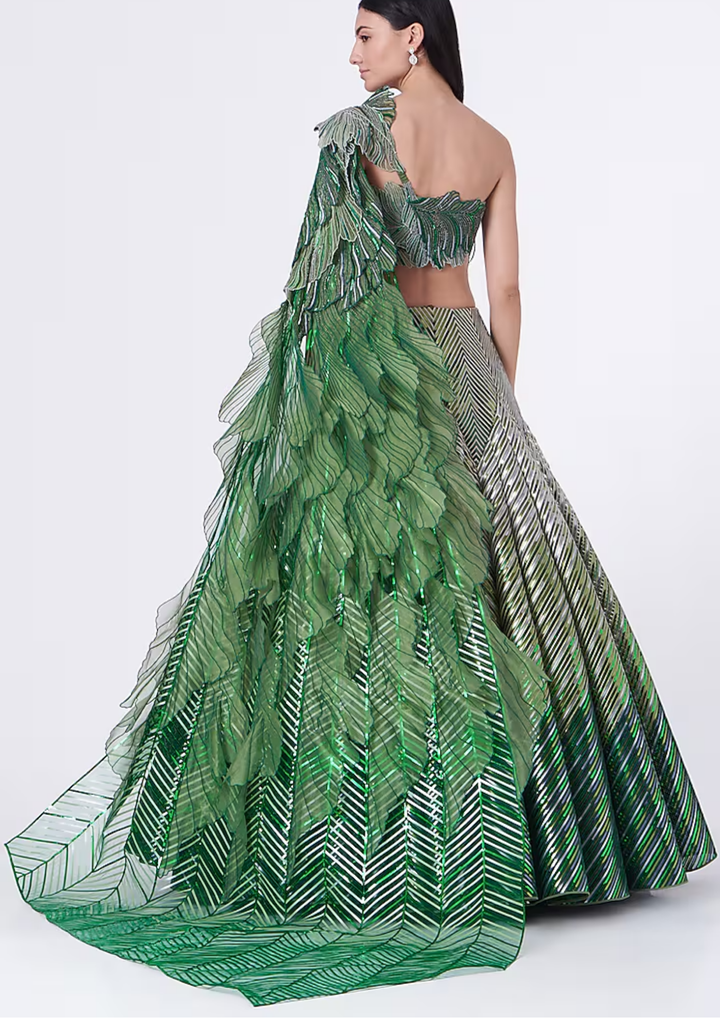 Amit Aggarwal Emerald Green & Pista Green Layered Lehenga Set