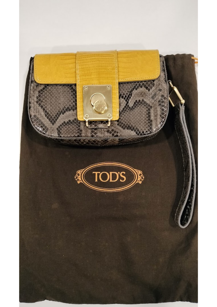 Tods Yellow & Brown Leather Wristlet Clutch
