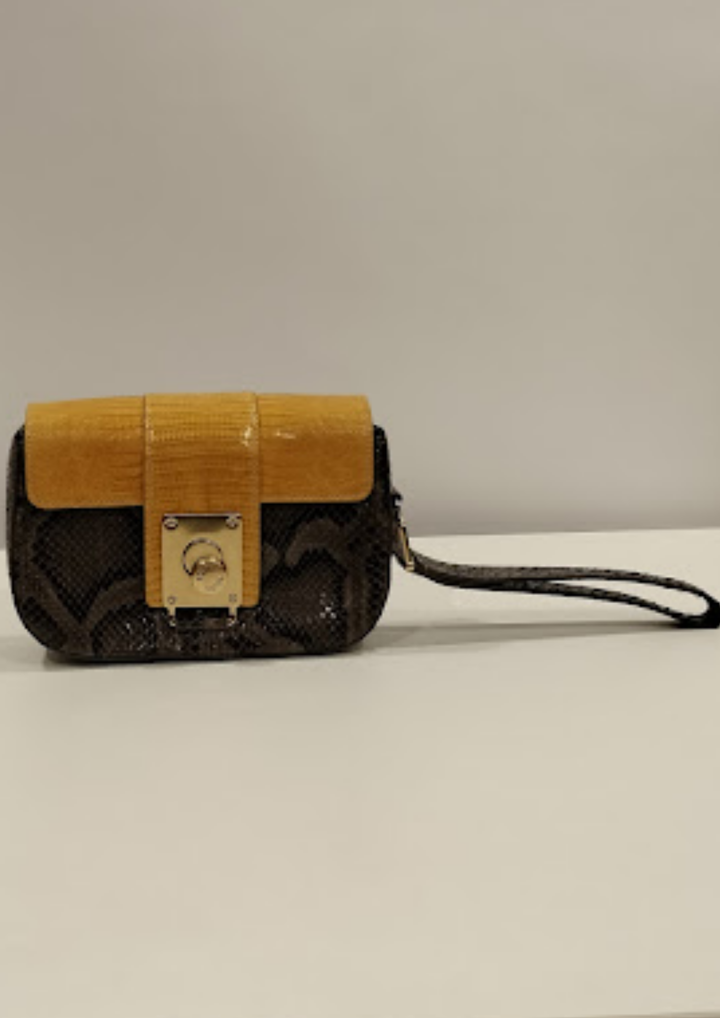 Tods Yellow & Brown Leather Wristlet Clutch