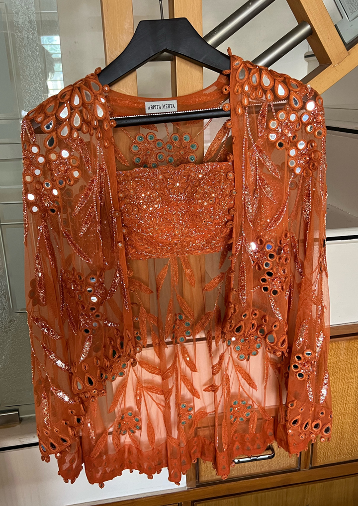 Arpita Mehta Toasted Orange Hand Embroidered Skirt, Blouse and Cape Set