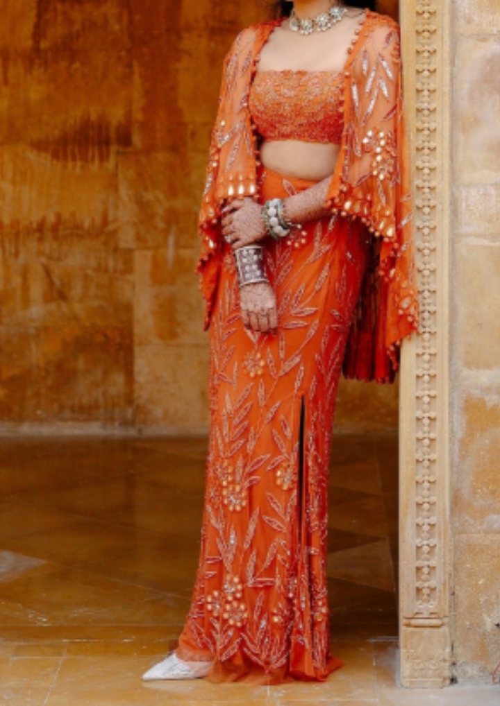 Arpita Mehta Toasted Orange Hand Embroidered Skirt, Blouse and Cape Set