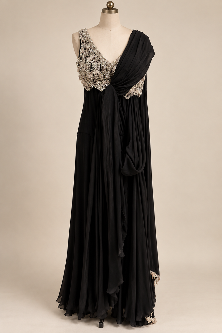 Anushka Bajaj Black Draped Satin Saree