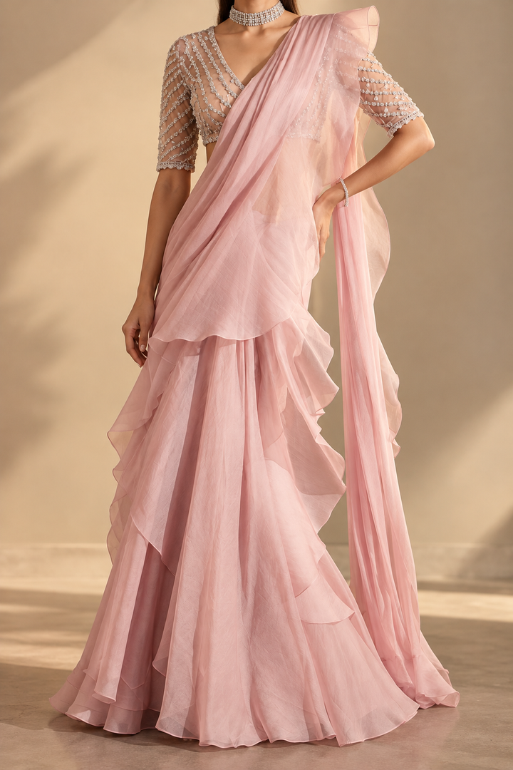 Ridhi Mehra Blush Pink Ruffled Saree