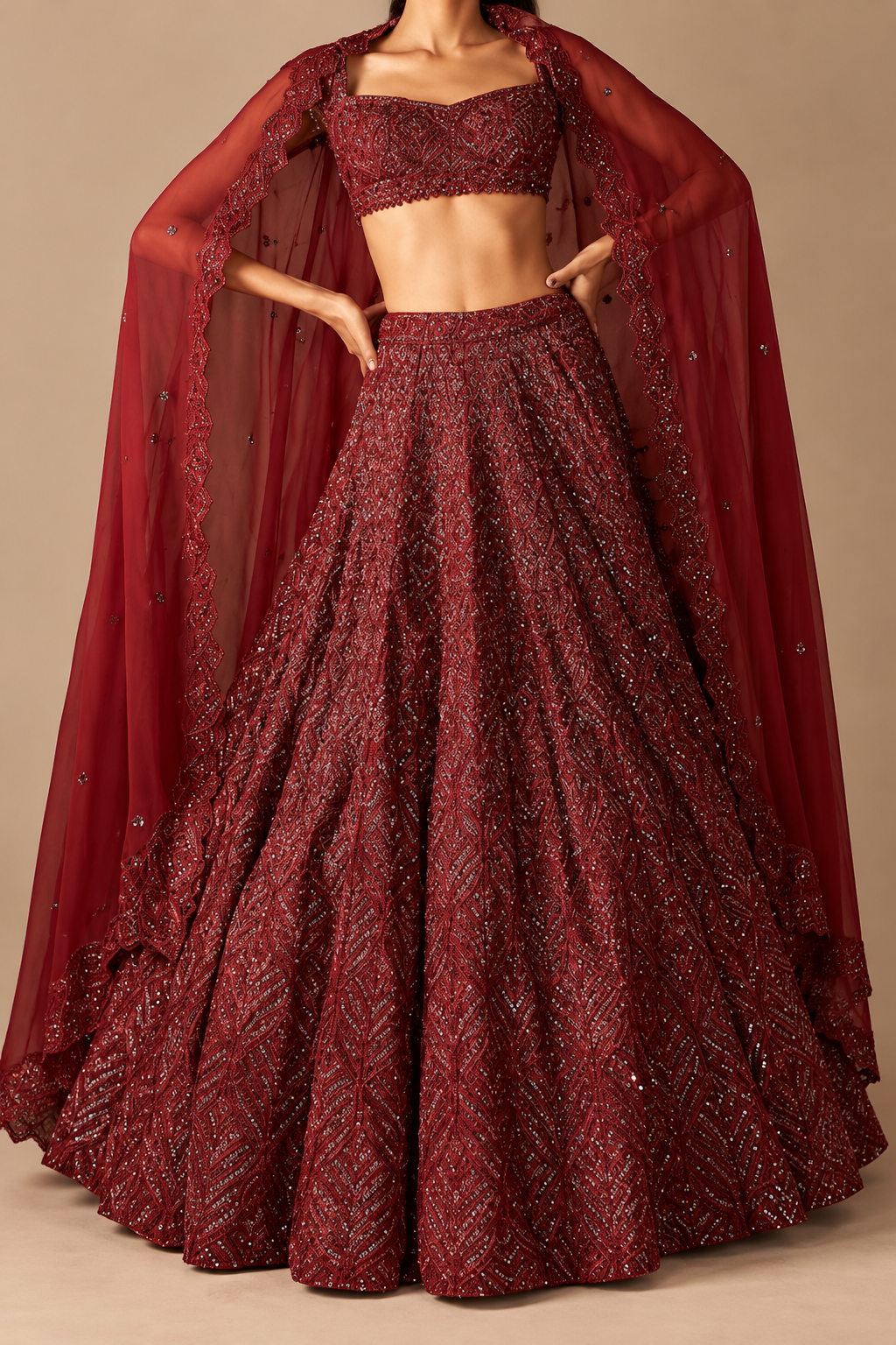 Sana Barreja Marsala Red Net Hand Embroidered Lehenga Set