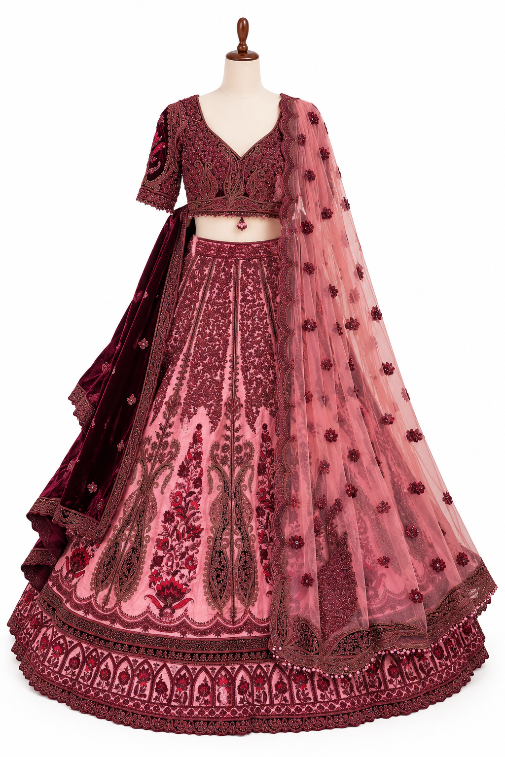 Payal Keyal Burgundy & Rose Embroidered Lehenga Set