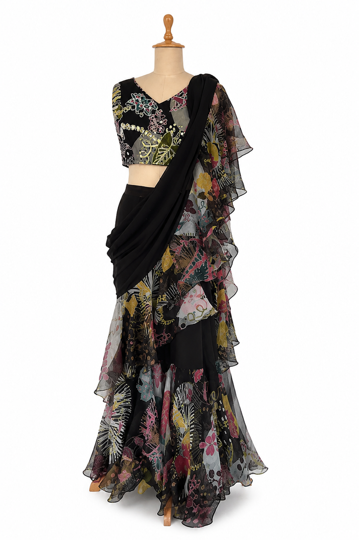 Aisha Rao Black Printed Ruffle Saree Set