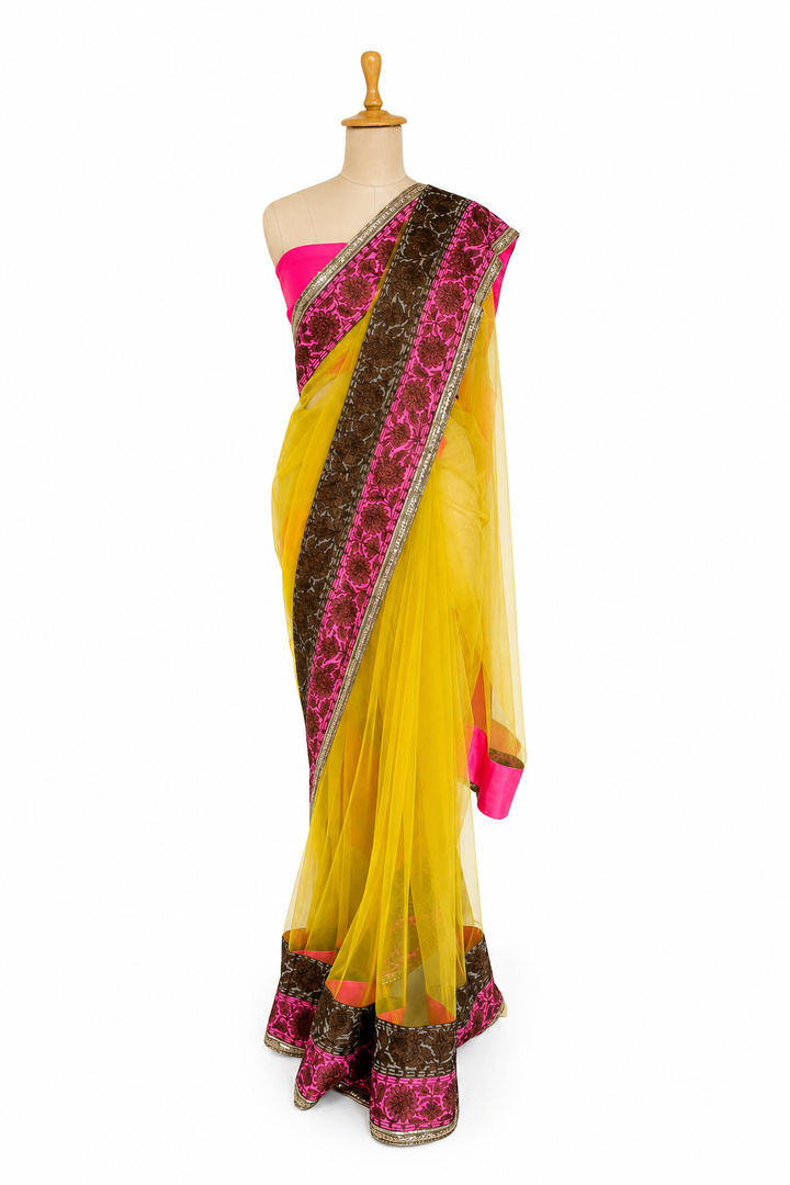 Manish Malhotra Yellow & Pink Embellished Saree