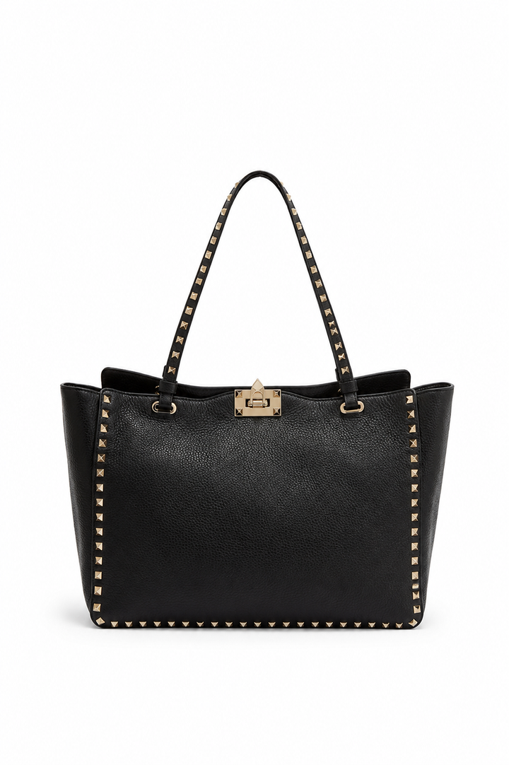 Valentino Black Leather Rockstud Tote Bag