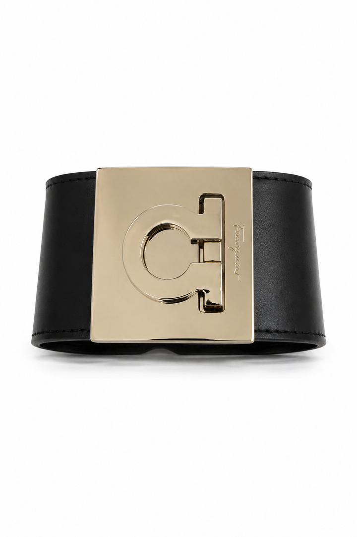 Salvatore Ferragamo Gancini Black Leather Cuff Bracelet