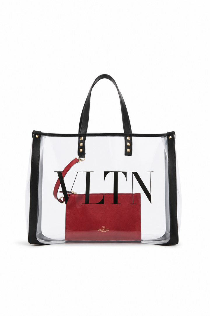 Valentino Black/Red Clear Plexy and Leather VLTN Shopping Tote
