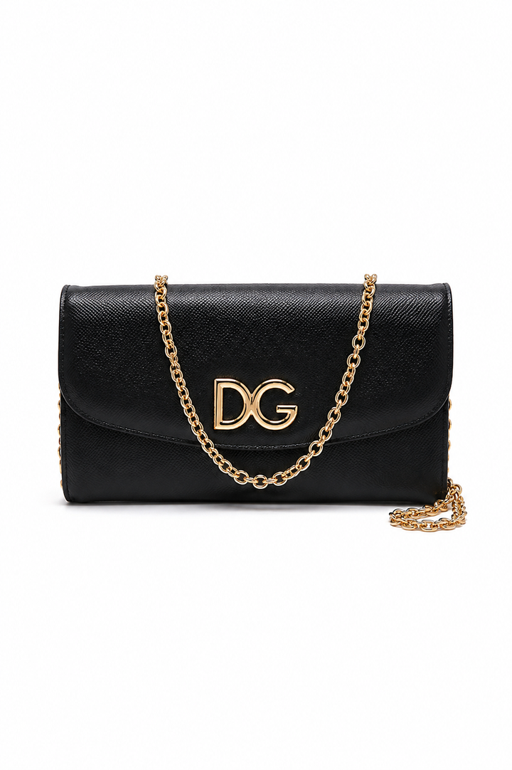Dolce & Gabbana Black Leather DG Logo Chain Clutch